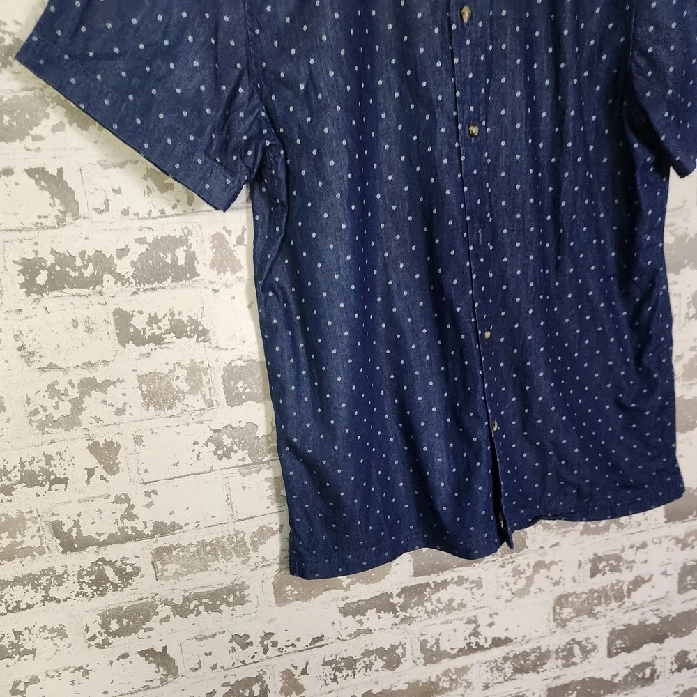 Banana Republic Mens Shirt Size L Button Up Navy Dot Print Short Sleeve Slim Fit